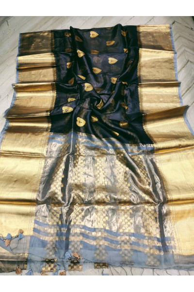 All Over Golden Butta Weaving Black Organza Silk Saree With Golden Zari Border (KR999)